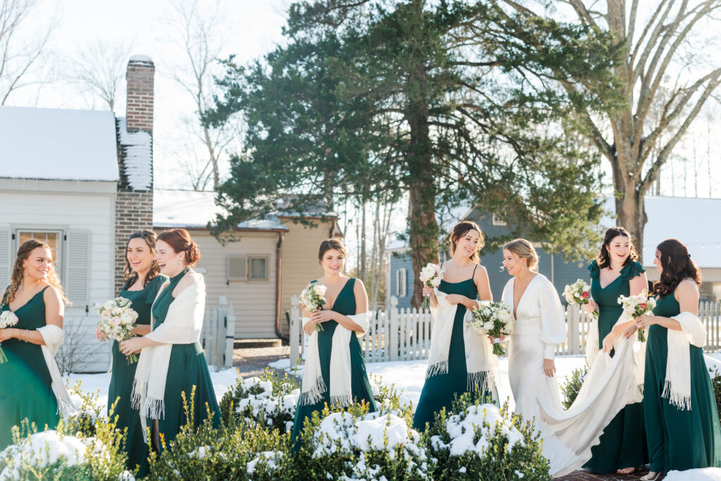 bridesmaids walking in snow