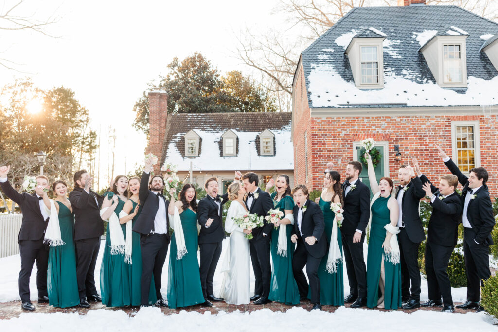 bridal party during sunset